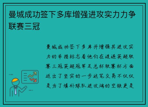 曼城成功签下多库增强进攻实力力争联赛三冠